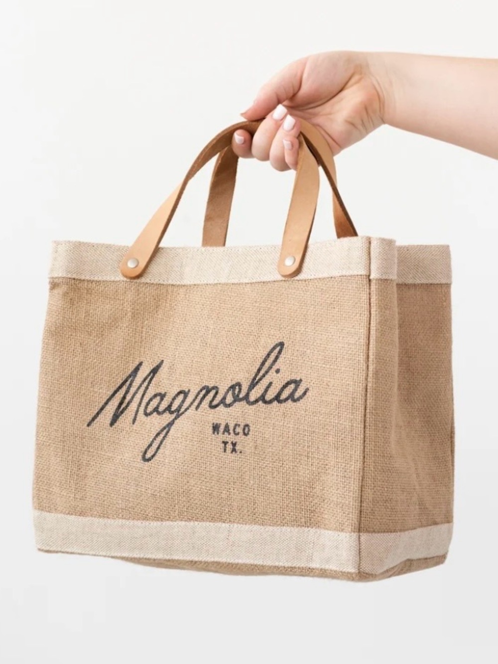 Magnolia Script Burlap Market Tote